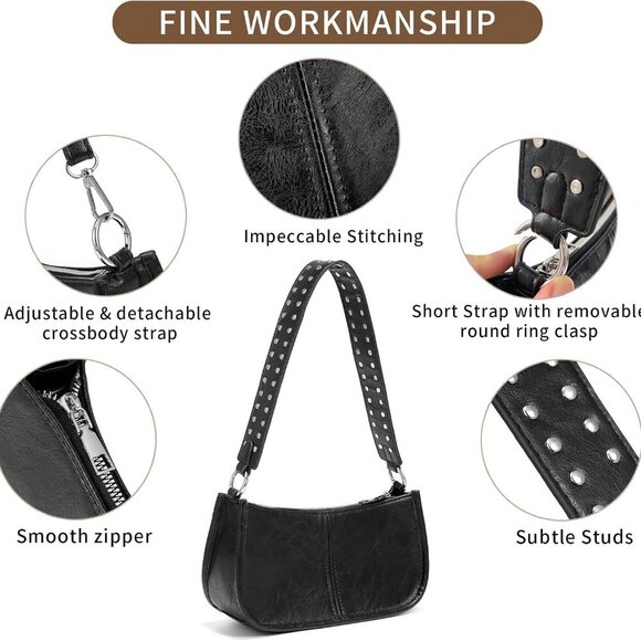 Small Black Leather Crossbody Bag for Women Y2K Studded Trendy Mini Purse - Picture 6 of 9